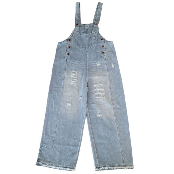 Oversized Distressed Denim Overalls • Women’s M • Boho Festival Wide Leg - Picture 4 of 14